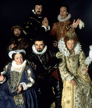 Blackadder. Image shows from L to R: Nursie (Patsy Byrne), Baldrick (Tony Robinson), Lord Melchett (Stephen Fry), Lord Edmund Blackadder (Rowan Atkinson), Percy (Tim McInnerny), Queen Elizabeth I (Miranda Richardson). Copyright: BBC / Tiger Aspect Productions