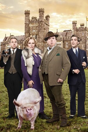 Blandings. Image shows from L to R: Beach (Tim Vine), Connie (Jennifer Saunders), Clarence (Timothy Spall), Freddie (Jack Farthing). Copyright: Mammoth Screen