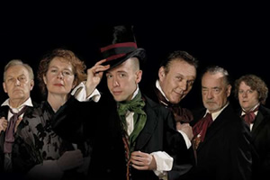 Bleak Expectations. Image shows from L to R: Hardthrasher (Geoffrey Whitehead), Aunt Lily (Celia Imrie), Young Pip (Tom Allen), Mr Gently Benevolent (Anthony Head), Sir Philip Bin (Richard Johnson), Harry Biscuit (James Bachman). Copyright: BBC