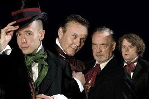 Bleak Expectations. Image shows from L to R: Young Pip (Tom Allen), Mr Gently Benevolent (Anthony Head), Sir Philip Bin (Richard Johnson), Harry Biscuit (James Bachman). Copyright: BBC