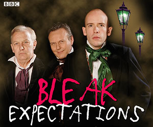 Bleak Expectations. Image shows from L to R: Grimpunch (Geoffrey Whitehead), Mr Gently Benevolent (Anthony Head), Young Pip (Tom Allen). Copyright: BBC