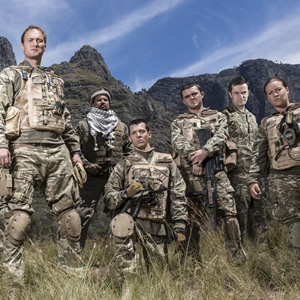 Bluestone 42. Image shows from L to R: Nick (Oliver Chris), Faruq (Keeno Lee Hector), Rocket (Scott Hoatson), Mac (Jamie Quinn), Lt Col Smith (Tony Gardner), Bird (Katie Lyons). Copyright: BBC