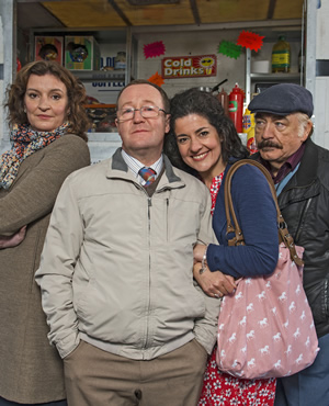 Bob Servant. Image shows from L to R: Megan (Daniela Nardini), Frank (Jonathan Watson), Dorothy (Anita Vettesse), Bob Servant (Brian Cox). Copyright: BBC