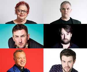 Image shows from L to R: Jo Brand, Lee Mack, Graham Norton, Greg Davies, David Mitchell, Jack Whitehall