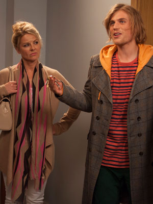 Brotherhood. Image shows from L to R: Auntie Debbie (Sarah Hadland), Toby (Johnny Flynn). Copyright: Big Talk Productions