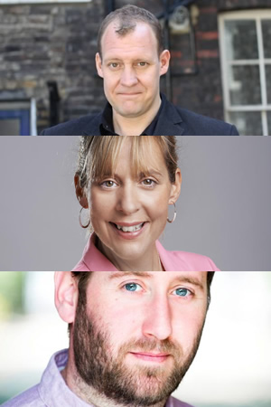 Image shows from L to R: Justin Edwards, Mel Giedroyc, Jim Howick