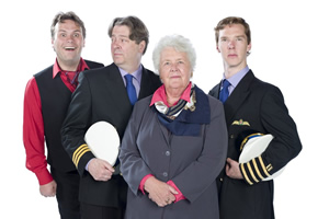 Cabin Pressure. Image shows from L to R: Arthur (John Finnemore), Douglas (Roger Allam), Carolyn (Stephanie Cole), Martin (Benedict Cumberbatch). Copyright: Pozzitive Productions