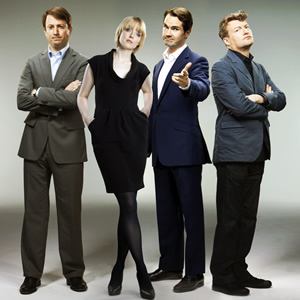 Channel 4's Alternative Election Night. Image shows from L to R: David Mitchell, Lauren Laverne, Jimmy Carr, Charlie Brooker. Copyright: Zeppotron