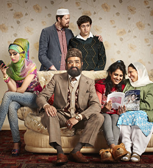 Citizen Khan. Image shows from L to R: Alia (Bhavna Limbachia), Dave (Kris Marshall), Mr Khan (Adil Ray), Amjad (Abdullah Afzal), Shazia (Maya Sondhi), Mrs Khan (Shobu Kapoor). Copyright: BBC