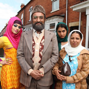 Citizen Khan. Image shows from L to R: Alia (Bhavna Limbachia), Mr Khan (Adil Ray), Shazia (Maya Sondhi), Mrs Khan (Shobu Kapoor). Copyright: BBC