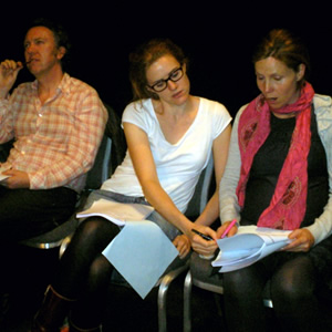 Clare In The Community rehearsal. Image shows from L to R: Ray (Richard Lumsden), Libby (Sarah Kendall), Clare (Sally Phillips). Copyright: BBC