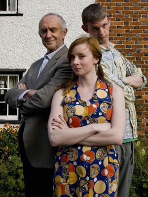 Clone. Image shows from L to R: Dr. Victor Blenkinsop (Jonathan Pryce), Rose Bourne (Fiona Glascott), Clone (Stuart McLoughlin). Copyright: Roughcut Television