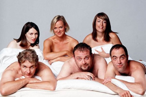 Cold Feet. Image shows from L to R: Rachel Bradley (Helen Baxendale), David Marsden (Robert Bathurst), Karen Marsden (Hermione Norris), Pete Gifford (John Thomson), Jenny Gifford (Fay Ripley), Adam Williams (James Nesbitt)