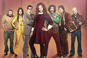 The Comic Strip Presents.... Image shows from L to R: Bob Harris (Peter Richardson), Wendi Deng (Eleanor Matsuura), Andy Coulson (Russell Tovey), Rebekah (Maxine Peake), Tony Blair (Stephen Mangan), Johnny Bristol (Johnny Vegas), Ross Kemp (Harry Enfield). Copyright: Comic Strip Productions