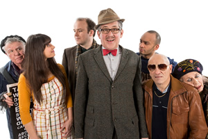 Count Arthur Strong. Image shows from L to R: Eggy (Dave Plimmer), Sinem (Zahra Ahmadi), Michael Baker (Rory Kinnear), Count Arthur Strong (Steve Delaney), Bulent (Chris Ryman), John The Watch (Andy Linden), Katya (Ruth Posner). Copyright: Retort / Komedia Entertainment