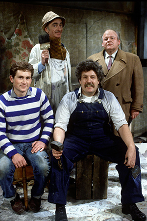 Cowboys. Image shows from L to R: Eric (James Wardroper), Wobbly Ron (David Kelly), Richard Geyser (Colin Welland), Joe Jones (Roy Kinnear). Copyright: Thames Television