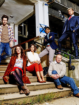 Crashing. Image shows from L to R: Anthony (Damien Molony), Lulu (Phoebe Waller-Bridge), Kate (Louise Ford), Fred (Amit Shah), Colin (Adrian Scarborough), Sam (Jonathan Bailey). Copyright: Big Talk Productions