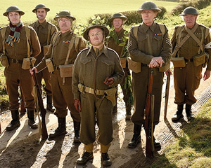 Dad's Army. Image shows from L to R: Private Frank Pike (Blake Harrison), Private Joe Walker (Daniel Mays), Corporal Jack Jones (Tom Courtenay), Captain George Mainwaring (Toby Jones), Private Frazer (Bill Paterson), Sergeant Arthur Wilson (Bill Nighy), Private Godfrey (Michael Gambon). Copyright: Universal Pictures / DJ Films