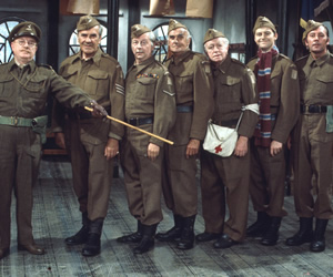 Dad's Army. Image shows from L to R: Captain Mainwaring (Arthur Lowe), Sergeant Wilson (John Le Mesurier), Lance Corporal Jones (Clive Dunn), Private Frazer (John Laurie), Private Godfrey (Arnold Ridley), Private Pike (Ian Lavender), Private Walker (James Beck). Copyright: BBC