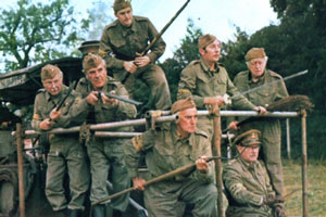 Dad's Army. Image shows from L to R: L/Cpl. Jones (Clive Dunn), Sgt. Wilson (John Le Mesurier), Pte. Pike (Ian Lavender), Pte. Frazer (John Laurie), Pte. Walker (James Beck), Capt. Mainwaring (Arthur Lowe), Pte. Godfrey (Arnold Ridley). Copyright: Norcon Productions