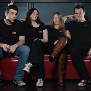 Discount Comedy Checkout. Image shows from L to R: Chris Lumb, Natalie Smeaton, Terri Shaw, Eddie French