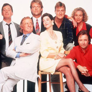 Drop The Dead Donkey. Image shows from L to R: George Dent (Jeff Rawle), Henry Davenport (David Swift), Gus Hedges (Robert Duncan), Sally Smedley (Victoria Wicks), Damien Day (Stephen Tompkinson), Helen Cooper (Ingrid Lacey), Dave Charnley (Neil Pearson). Copyright: Hat Trick Productions