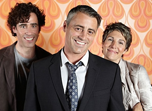 Episodes. Image shows from L to R: Sean Lincoln (Stephen Mangan), Matt LeBlanc (Matt LeBlanc), Beverly Lincoln (Tamsin Greig). Copyright: Hat Trick Productions / BBC