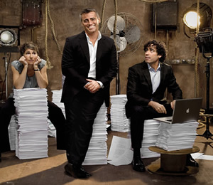 Episodes. Image shows from L to R: Beverly Lincoln (Tamsin Greig), Matt LeBlanc (Matt LeBlanc), Sean Lincoln (Stephen Mangan). Copyright: Hat Trick Productions / BBC