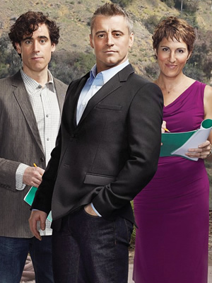 Episodes. Image shows from L to R: Sean Lincoln (Stephen Mangan), Matt LeBlanc (Matt LeBlanc), Beverly Lincoln (Tamsin Greig). Copyright: Hat Trick Productions / BBC