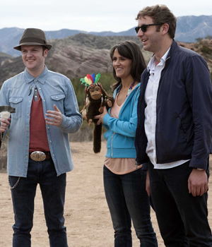 Family Tree. Image shows from L to R: Pete Stupples (Tom Bennett), Bea Chadwick (Nina Conti), Tom Chadwick (Chris O'Dowd). Copyright: Lucky Giant