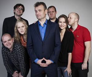 Fast And Loose. Image shows from L to R: David Armand, Humphrey Ker, Pippa Evans, Hugh Dennis, Justin Edwards, Laura Solon, Marek Larwood. Copyright: Angst Productions