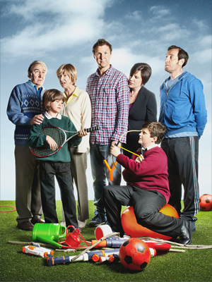 Father Figure. Image shows from L to R: Pat Whyte (Dermot Crowley), Drew Whyte (Alexander Aze), Mary Whyte (Pauline McLynn), Tom Whyte (Jason Byrne), Elaine Whyte (Karen Taylor), Dylan Whyte (Matthew Fenton), Roddy (Michael Smiley). Copyright: BBC / Idil Sukan