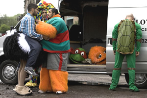 Four Lions. Image shows from L to R: Waj (Kayvan Novak), Hassan (Arsher Ali), Omar (Riz Ahmed), Barry (Nigel Lindsay). Copyright: Warp Films