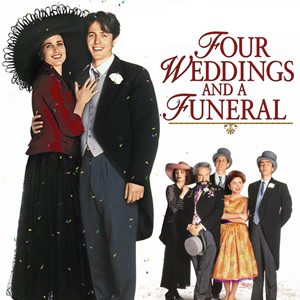 Four Weddings And A Funeral. Image shows from L to R: Carrie (Andie MacDowell), Charles (Hugh Grant), Fiona (Kristin Scott Thomas), Gareth (Simon Callow), Tom (James Fleet), Scarlet (Charlotte Coleman), Matthew (John Hannah). Copyright: Working Title Films / Metro-Goldwyn-Mayer