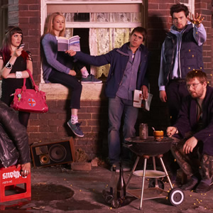 Fresh Meat. Image shows from L to R: Oregon (Charlotte Ritchie), Josie (Kimberley Nixon), Kingsley (Joe Thomas), JP (Jack Whitehall), Howard (Greg McHugh). Copyright: Objective Productions / Lime Pictures