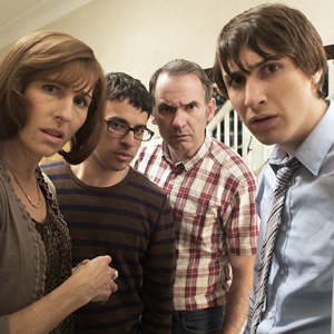 Friday Night Dinner. Image shows from L to R: Jackie (Tamsin Greig), Adam (Simon Bird), Martin (Paul Ritter), Jonny (Tom Rosenthal). Copyright: Popper Pictures / Big Talk Productions