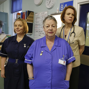 Getting On. Image shows from L to R: Sister Den Flixter (Joanna Scanlan), Nurse Kim Wilde (Jo Brand), Doctor Pippa Moore (Vicki Pepperdine). Copyright: Vera Productions