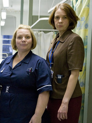 Getting On. Image shows from L to R: Sister Den Flixter (Joanna Scanlan), Doctor Pippa Moore (Vicki Pepperdine). Copyright: Vera Productions