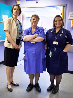 Getting On. Image shows from L to R: Doctor Pippa Moore (Vicki Pepperdine), Nurse Kim Wilde (Jo Brand), Sister Den Flixter (Joanna Scanlan). Copyright: Vera Productions