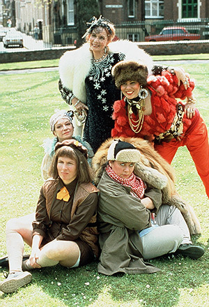 Girls On Top. Image shows left to right: Jennifer Marsh (Jennifer Saunders), Lady Chloe Carlton (Joan Greenwood), Candice Valentine (Tracey Ullman), Amanda Ripley (Dawn French), Shelley DuPont (Ruby Wax)