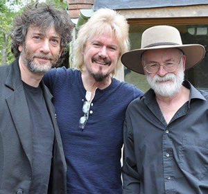 Good Omens. Image shows from L to R: Neil Gaiman, Dirk Maggs, Terry Pratchett. Copyright: BBC