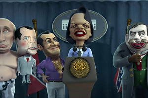 Headcases does politics. Picture shows Vladimir Putin with a puppet of Dmitry Medvedev, Nicolas Sarkozy, Condoleezza Rice and Gordon Brown hiding behind a smiling mask. Copyright: Red Vision