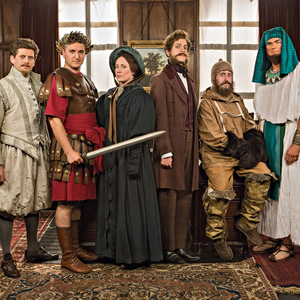 Horrible Histories. Image shows from L to R: Laurence Rickard, Ben Willbond, Martha Howe-Douglas, Mathew Baynton, Jim Howick, Simon Farnaby. Copyright: Lion Television / Citrus Television