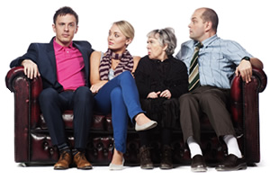 How Not To Live Your Life. Image shows from L to R: Don Danbury (Dan Clark), Samantha (Laura Haddock), Mrs Treacher (Leila Hoffman), Eddie (David Armand). Copyright: Brown Eyed Boy