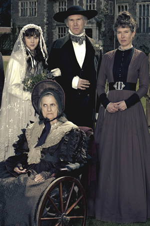 Hunderby. Image shows from L to R: Helene (Alexandra Roach), Mother Mathilde (Rosalind Knight), Edmund (Alex Macqueen), Dorothy (Julia Davis). Copyright: Baby Cow Productions