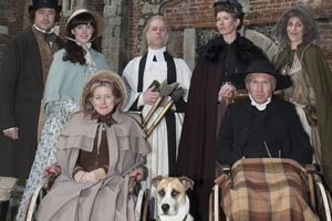 Hunderby. Image shows from L to R: Dr Foggerty (Rufus Jones), Helene (Alexandra Roach), Hesther (Rosie Cavaliero), Pastor John (Reece Shearsmith), Dorothy (Julia Davis), Edmund (Alex Macqueen), Biddy Ritherfoot (Jane Stanness). Copyright: Baby Cow Productions