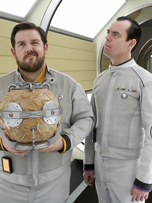 Hyperdrive. Image shows from L to R: Commander Henderson (Nick Frost), First Officer York (Kevin Eldon). Copyright: BBC