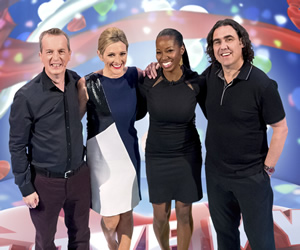 I Love My Country. Image shows from L to R: Frank Skinner, Gabby Logan, Jamelia, Micky Flanagan. Copyright: Avalon Television / Talpa