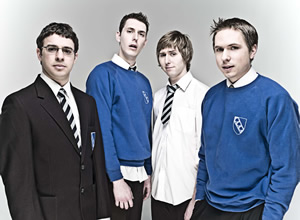 The Inbetweeners. Image shows from L to R: Will Mackenzie (Simon Bird), Neil Sutherland (Blake Harrison), Jay Cartwright (James Buckley), Simon Cooper (Joe Thomas). Copyright: Bwark Productions