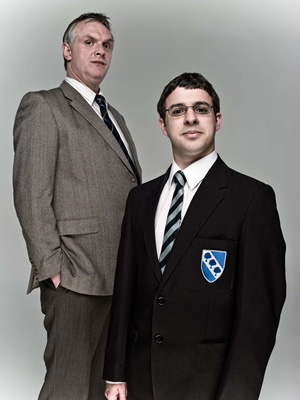 The Inbetweeners. Image shows from L to R: Mr Gilbert (Greg Davies), Will Mackenzie (Simon Bird). Copyright: Bwark Productions